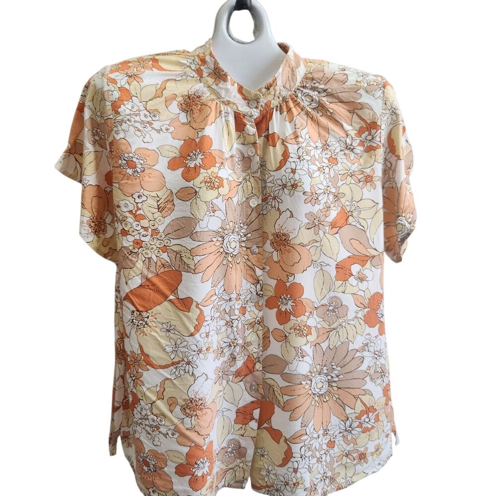 Buddha Wear Boho Floral Tencel Blouse L Retro 70s Stand Collar Cottagecore Work